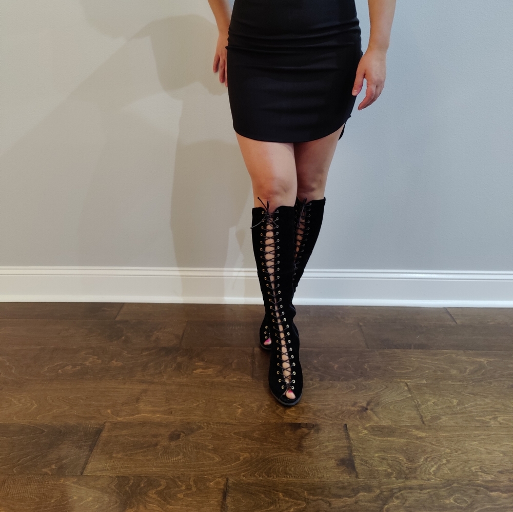 Knee high ,open toe , lace up suede boots, size 39